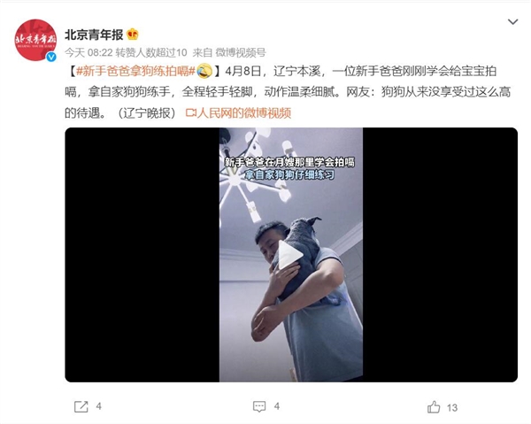 新手爸爸拿狗狗练拍嗝 网友：狗狗从来没享受过这么高的待遇