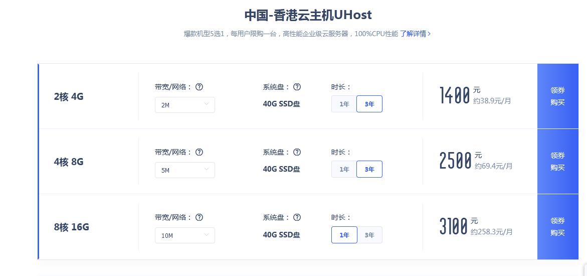 爆款机型5选1，每用户限购一台，高性能企业级云服务器，100%CPU性能